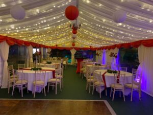 Marquee - Fairylight Ceiling, White Lining and Red Pelmets